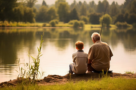 A grandparent teaching a grandchild to fish by the tranquil lakeの素材