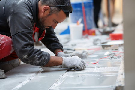 A tiler at work on the floorの素材
