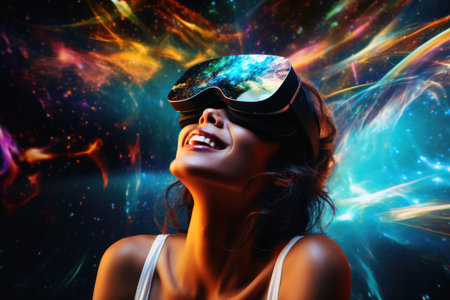 Happy woman in cyberspace wearing vr glassesの素材