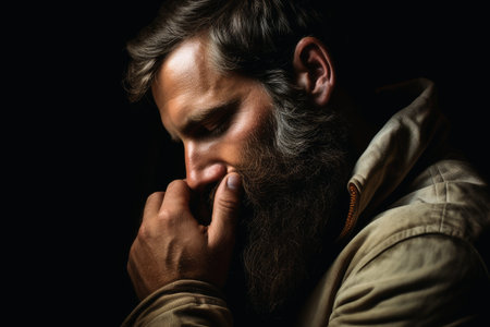 A mid age bearded man studio shot on a dark backgroundの素材