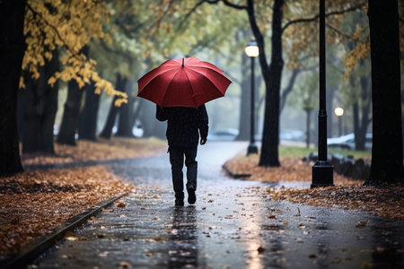 A person walks in the rain with umbrellaの素材