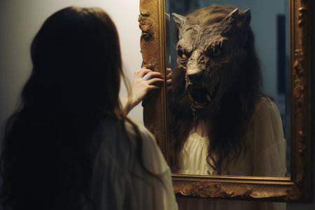 Woman looking into a mirror seeing a monsterの素材