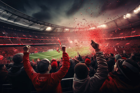 Many cheering football fans in a stadiumの素材