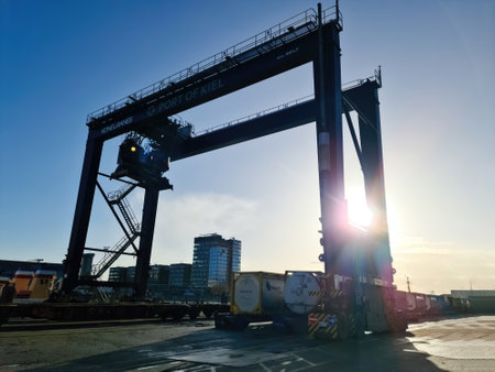 Kiel, Germany - 23 December 2023: At the cargo quay in the port of Kiel, right next to the large Stena Line shipsのeditorial素材