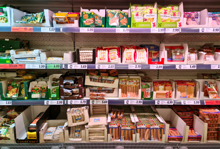 Kiel, Germany - 02. February 2024: A shelf with Dulano and Meica brand meat products in a supermarketのeditorial素材