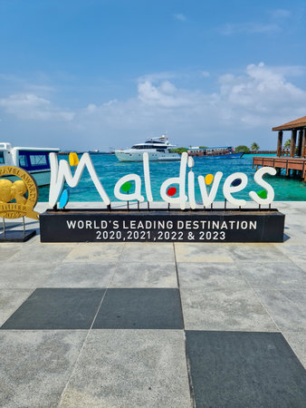 Male, Maldives - 02. Feburary 2024: The logo of the dream vacation destination Maldives shows the world's leading travel destinationのeditorial素材