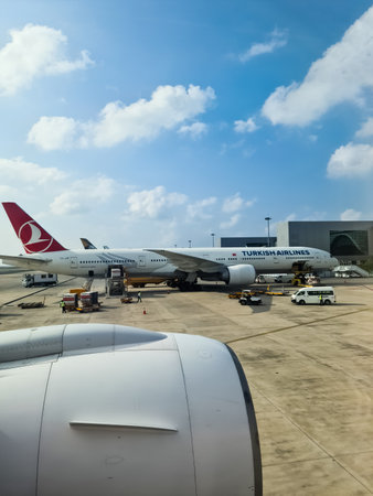 Male, Maldives - 02. Feburary 2024: A Turkish Airlines plane at Male Airport in the Maldives