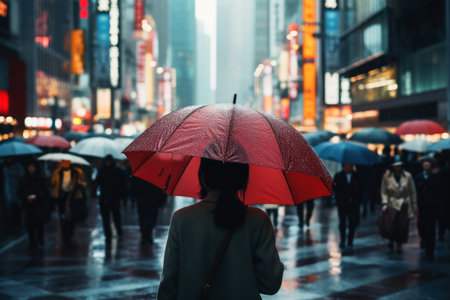 A woman with an umbrella in a busy city on a rainy dayの素材