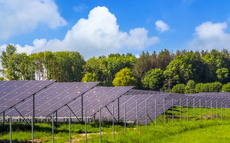 Generating clean energy with solar modules in a big park in northern Europe.