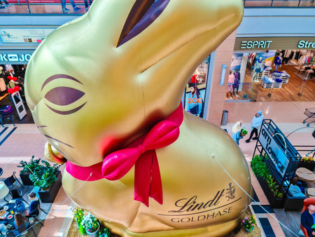 Kiel, Germany - 01. April 2024: A giant golden bunny from the Lindt chocolate brand in a shopping centerのeditorial素材