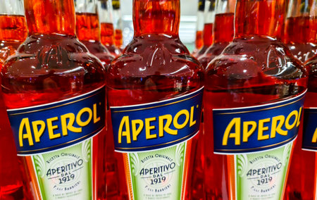 Kiel, Germany - 01. April 2024: Close up of the Aperol brand alcoholic drink in a red bottleのeditorial素材