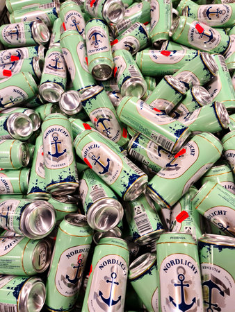 Kiel, Germany - 04. May 2024: A basket full of Nordlicht brand beer cans for sale in a supermarketのeditorial素材