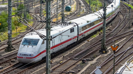 Kiel, Germany - 23 Jun 2024: German ICE trains on the tracks in front of Kiel's main railway station