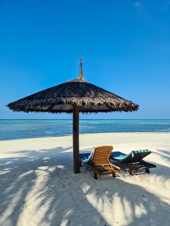 Beach loungers on the dream white beach of the Maldivesのeditorial素材