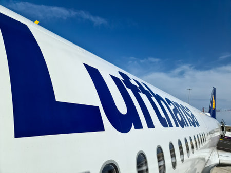 Frankfurt, Germany - 29. September 2024: A close-up of a passenger plane on the tarmac at Frankfurt Airport during boardingのeditorial素材