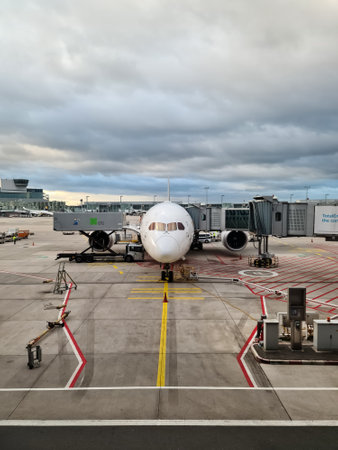 Frankfurt, Germany - 29. September 2024: A large Lufthansa passenger plane being loaded at Frankfurt Airportのeditorial素材