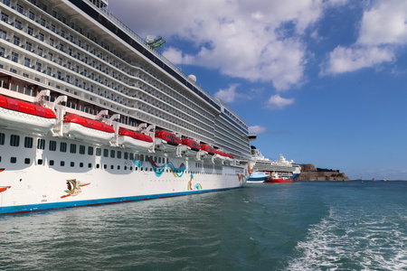 Valletta, Malta: 01. October 2024: A large cruise ship named Norwegian Getaway in the port of Valletta in Maltaのeditorial素材