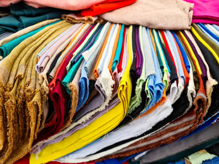 Many colorful fabrics forming a beautiful gradient of colors in a textile shopの写真素材
