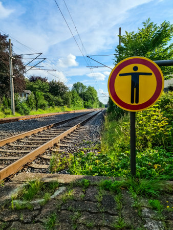 No trespassing sign with human silhouette stands near railroad tracks, warning of danger and emphasizing safety regulationsの写真素材