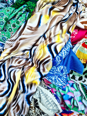 Pile of colorful fabrics with various patterns and textures creating an abstract compositionの写真素材