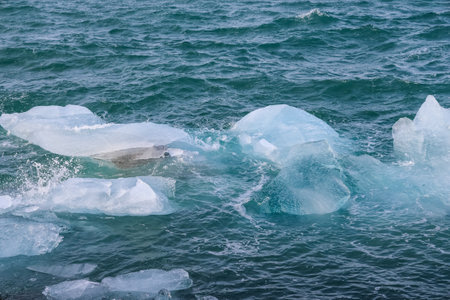 Icebergs floating on the surface of jokulsarlon glacier lagoon in iceland, creating a beautiful and...