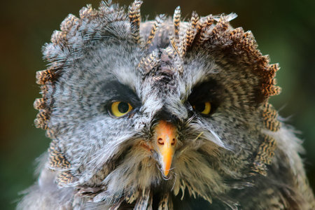 Close up of a great grey owl displaying its detailed plumage, prominent orange beak, and intense yellow eyesの写真素材