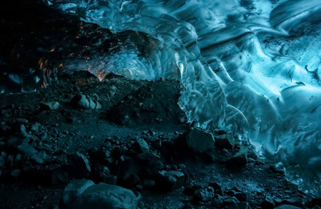 Stunning blue ice formations create a mesmerizing spectacle within a cave in vatnajokull glacier,...