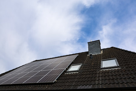 Photovoltaic panels installed on a rooftop with chimney and skylights, providing clean energy under...