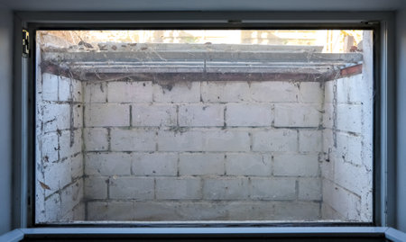 View through a window showing a small, dirty basement with white brick walls, a rusty metal grate,...