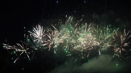 Colorful fireworks exploding in the night sky, creating a festive atmosphere during a celebration