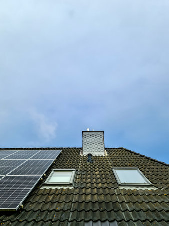 Residential house roof featuring solar panels, multiple skylights, and a chimney, showcasing sustainable energy solutions and modern home design under a clear skyの写真素材