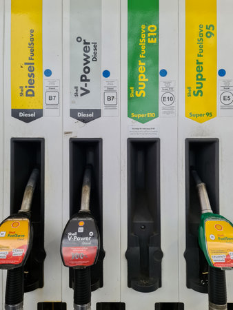 Kiel, Germany - 24. November 2025: Shell gas station fuel pumps with various diesel and gasoline options, including V-Power, FuelSave, Super E10, and Super 95のeditorial素材