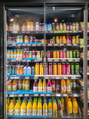 Kiel, Germany - 24. November 2025: Supermarket glass door refrigerated display showcasing rows of colorful fruit juices, smoothies, and other healthy beveragesのeditorial素材