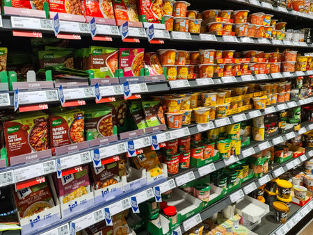 Kiel, Germany - 24. November 2025: Rows of supermarket shelves filled with packaged instant meals, soups and ready-to-eat dishes in a German grocery aisleのeditorial素材