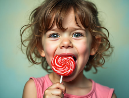 Adorable little girl enjoying a large, colorful swirl lollipop, making a funny faceの素材