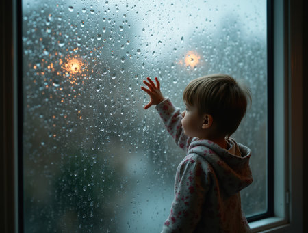 Child tracing raindrop patterns on a window during a rainy dayの素材
