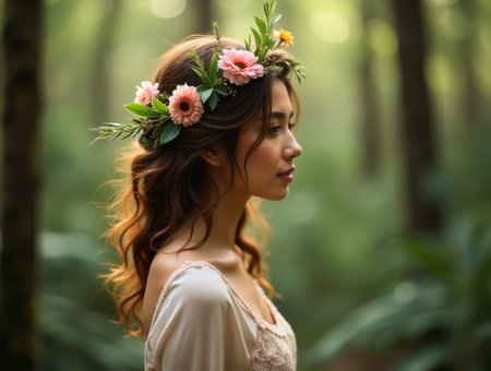 Fashion or beauty shoot featuring a model with a flower crown in her hair in a forest setting, showcasing natural beauty and connection with natureの素材