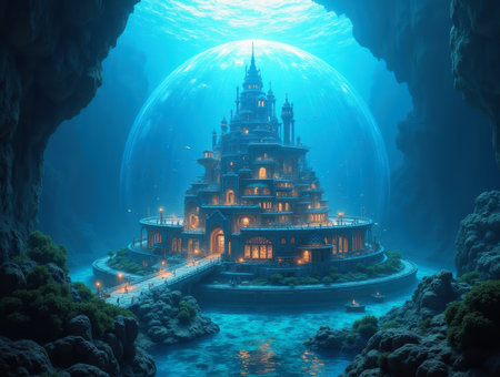Futuristic underwater city protected by a glass dome, illuminated by glowing marine life, creating a magical and surreal atmosphereの素材