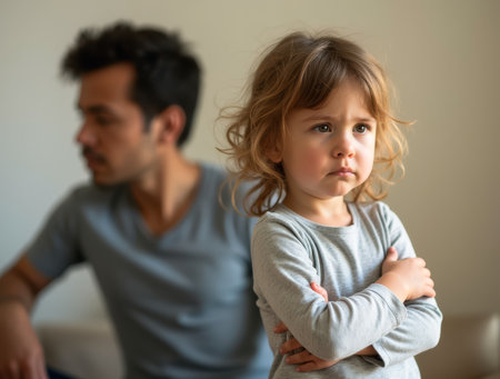 Little girl crossing her arms and pouting, turning away from her father in frustration, showing a sulking expressionの素材
