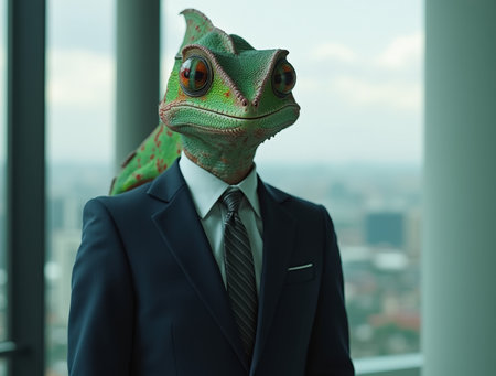 Chameleon in a suit stands in a high-rise office, embodying adaptation and success in the business worldの素材