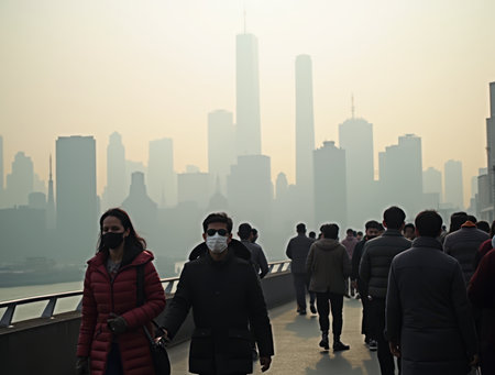 Citizens wearing masks are walking on a bridge in a polluted city centerの素材