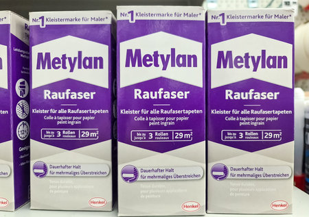 Kiel, Germany - 07. February 2026: Metylan Raufaser wallpaper adhesive boxes from Henkel retail for home renovation projectsのeditorial素材