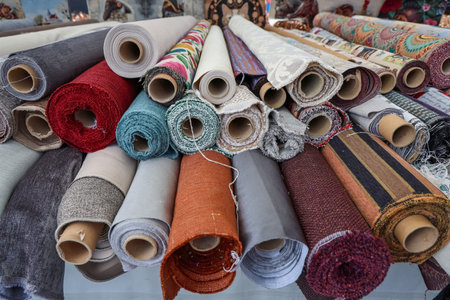 Various textured and patterned textile rolls creating a colorful display for customers at a market