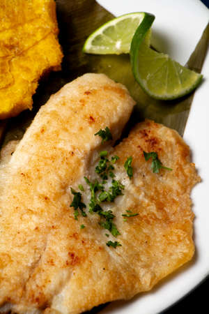 Atlantic sea fish fillet in restaurant with green vegetables on topの写真素材