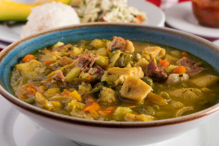 detail of pork tripe soup to eat as a traditional Colombian dish for lunch at noonの写真素材