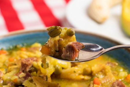 Detail of soup with pork tripe in soup to eat at lunchtime in Colombiaの写真素材