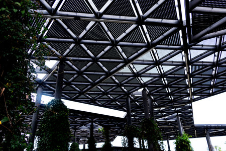 Steel structure with triangular pattern and climbing plants at Parques del Rio in Medellin, Colombia