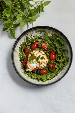 This image captures the essence of a fine dining experience. A perfectly plated burrata dish, ready to be served, shows off the high-quality ingredients and meticulous presentation. Ideal for professional restaurant menus, culinary websites, and luxury food advertisements.の写真素材