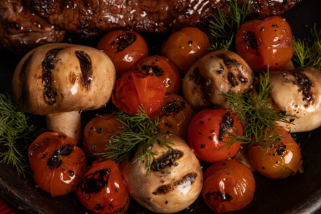 Elegant presentation of steak, roasted vegetables, and a full glass of deep red wine. The combination of ingredients promises a flavorful, rich, and celebratory culinary experience.の写真素材