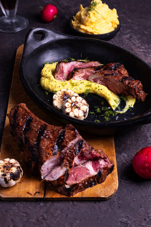 A visually striking close-up of a plated pork chop dinner. The meal is complete with smooth yellow mash and caramelized roasted garlic.の写真素材